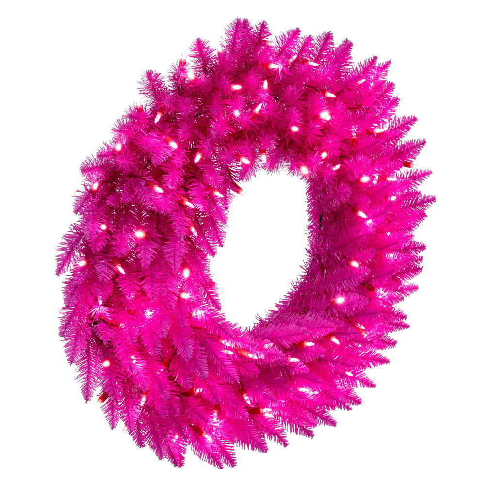 Vickerman 24" Hot Pink Artificial Pre-Lit Wreath with 50 Pink LED Mini Lights and 140 Realistic PVC Tips.