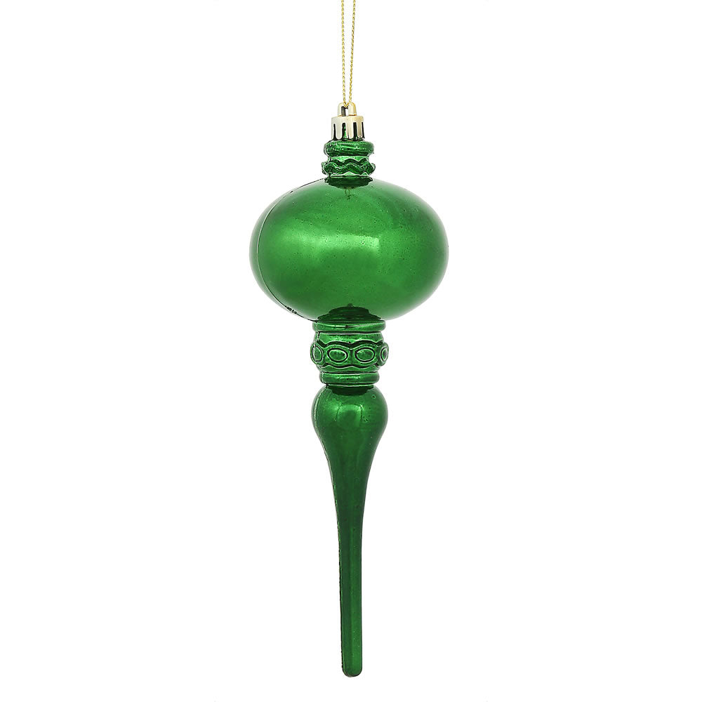 Vickerman 8" x 2.75" Emerald Shiny Finial Ornament with drilled and wired caps. Comes 3 per Bag.