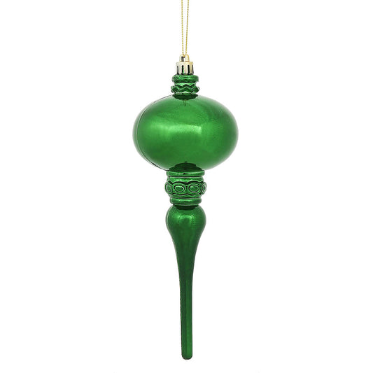Vickerman 8" x 2.75" Emerald Shiny Finial Ornament with drilled and wired caps. Comes 3 per Bag.