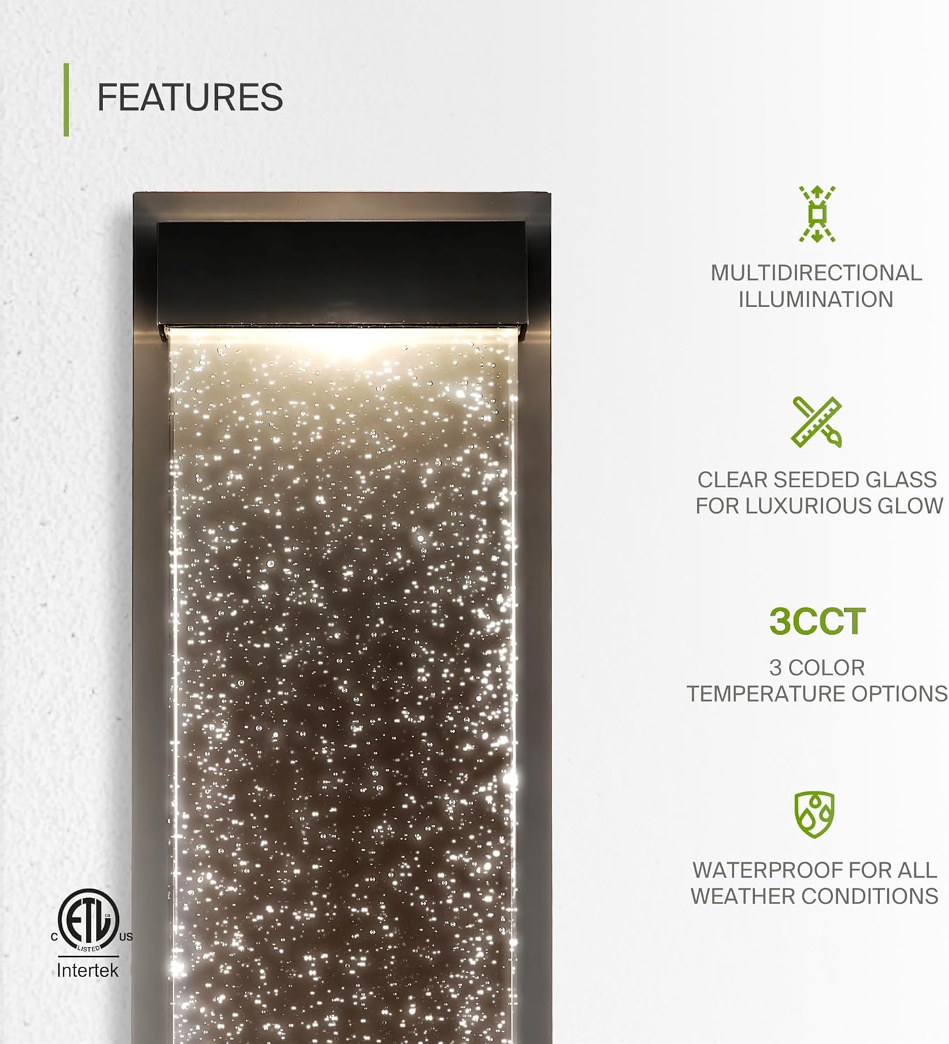 ASD Lighting LED Outdoor Wall Sconce 18 22W 120-277V CCT Selectable 3000/4000/5000K Dimmable Clear Seeded Glass, Black ETL