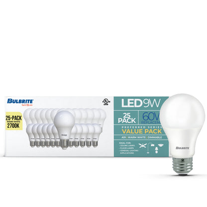 Bulbrite 774257 LED Filament Pack of 25, 9 Watt Dimmable A19 Light Bulb with Frost Finish and Medium Screw E26 Base - 2700K(Warm White Light), 800 lumens
