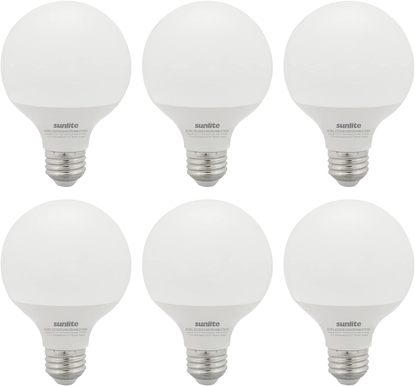 Sunlite 41818 LED G25 Globe Light Bulb, 6 Watts (60W Equivalent), Standard E26 Base, 520 Lumens, Dimmable, Frosted, Energy Star, 90 CRI, Title-20 Compliant, 2700K Soft White, 6 Pack