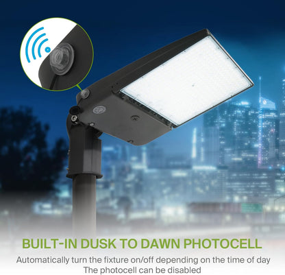 ASD Lighting LED Area Light with Q-base 100/150/200W 120-277V 0-10V Dimmable 170Lm/W 3000/4000/5000K with Photocell Black UL DLC Premium