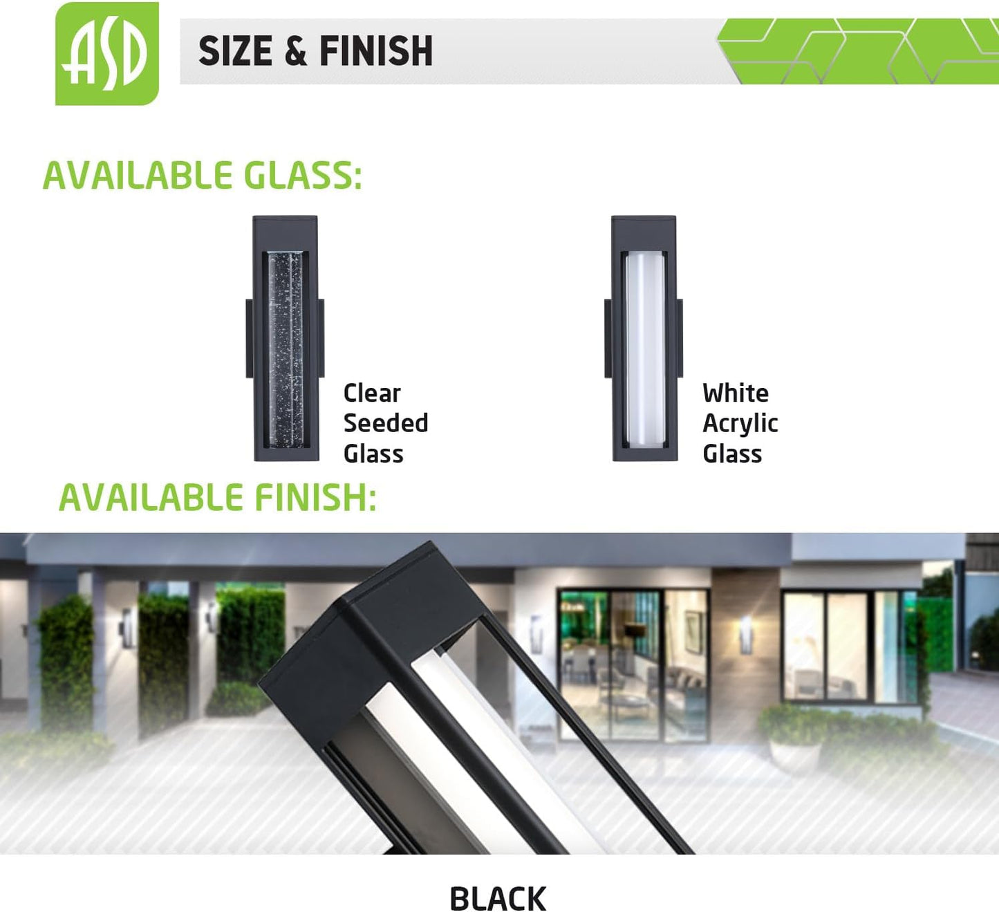 ASD Lighting LED Outdoor Wall Sconce 14" 12W CCT Selectable 3000/4000/5000K Dimmable White Acrylic Glass, Black ETL