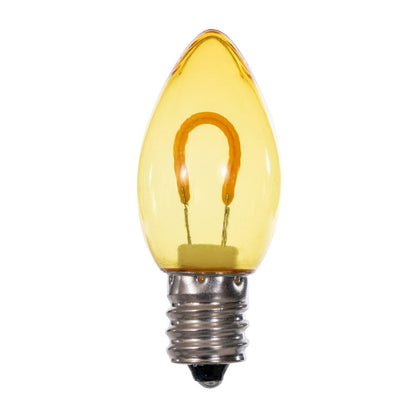 Vickerman C7 Transparent U-Shaped Filament Yellow Bulb, E12 Base, .6 Watts, 25 Pcs Assorted/Bag.  Colors included are Blue, Red, Green, Purple and Amber.