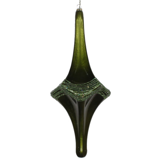 Vickerman 12" Moss Green Candy Glitter Drop Ornament. This ornament is the perfect addition to any holiday decorating project. Each ornament features a drilled cap with threaded wire for easy decorating.