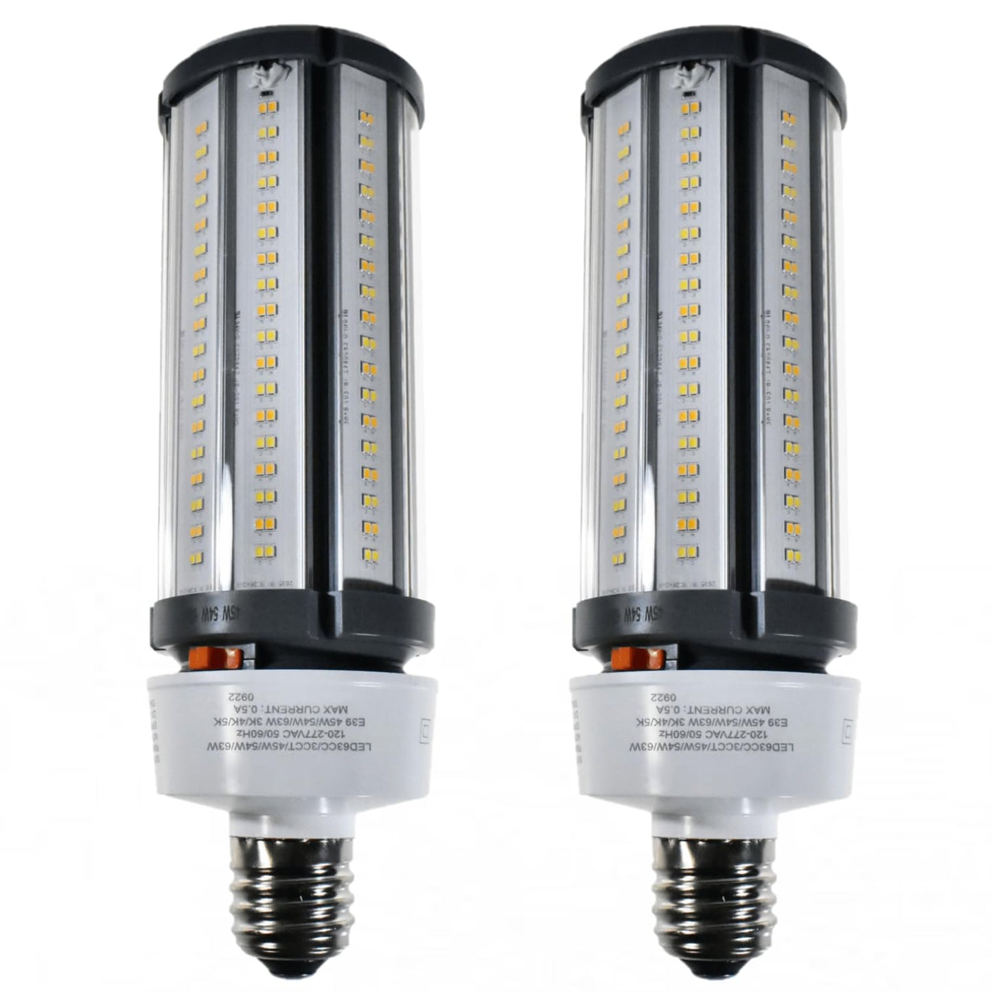Damar- LED Corn Cob Post Top Bright Light Bulb Type B Ballast Bypass 45W/54W/63W E39 Mogul Base 30K/40K/50K Color Selectable 6300/7560/8820 Lumens Dimmable 120-277VAC Pack of 2- For Warehouse Garage