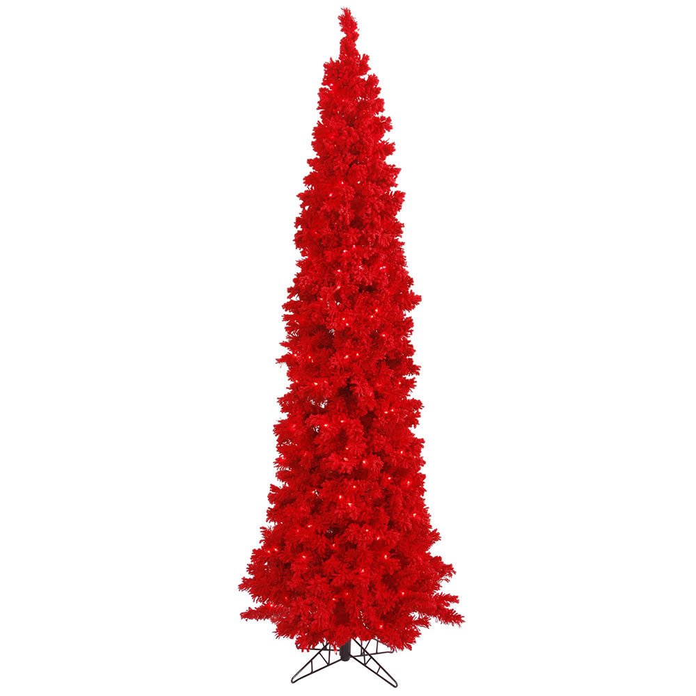 Vickerman 12' Flocked Red Pencil Fir Artificial Christmas Tree Red Dura-lit LED Lights