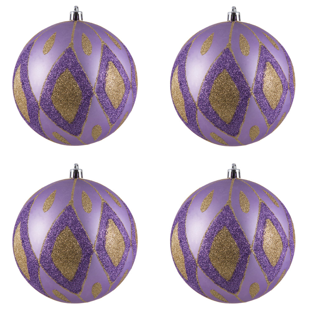 Vickerman 4.75" Lavender Matte Ball with Glitter Diamond Pattern. Add variety and sparkle to your holiday arrangement with this matte ornament that features a glitter pattern. Includes 4 pieces per bag. Made with shatterproof plastic. Ornament has a drill