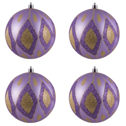 Vickerman 4.75" Lavender Matte Ball with Glitter Diamond Pattern. Add variety and sparkle to your holiday arrangement with this matte ornament that features a glitter pattern. Includes 4 pieces per bag. Made with shatterproof plastic. Ornament has a drill