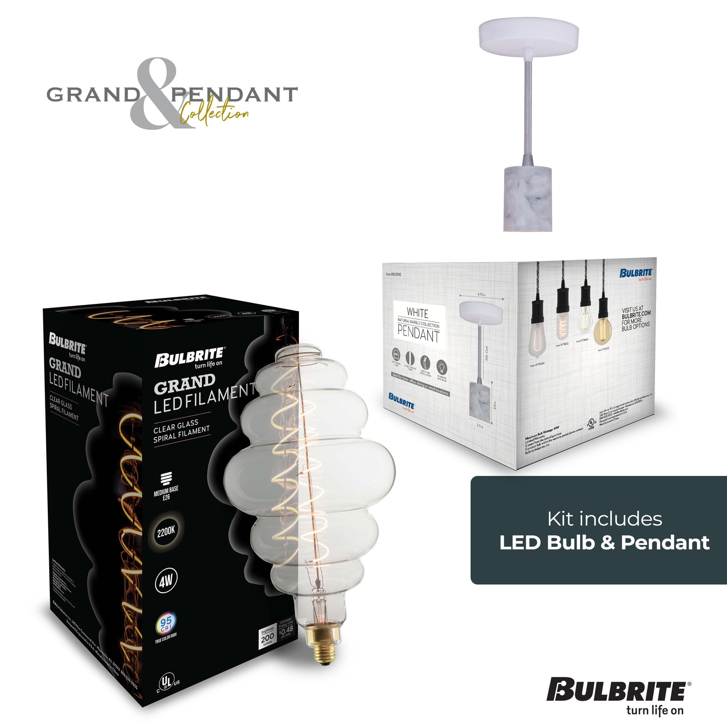 Bulbrite LED Grand Bulb and Pendant Kit of (1) 4 Watt Clear Glass 15" Beehive Shaped Bulb and (1) White Marble Open Socket Pendant on White Fabric Braided Cord - 2200K (Amber Light)