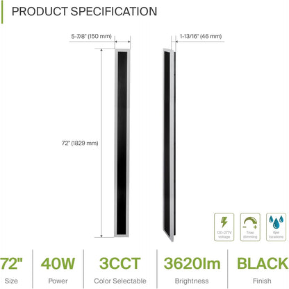 ASD Lighting LED Outdoor Wall Sconce wide acrylic 72" 40W 120-277V CCT Selectable 3000/4000/5000K Dimmable Black ETL