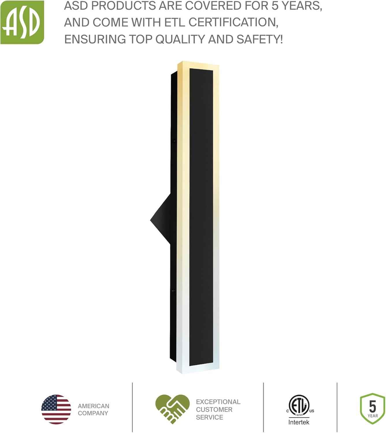 ASD Lighting LED Outdoor Wall Sconce Narrow design 24" 24W 120-277V CCT Selectable 3000/4000/5000K Dimmable Black ETL