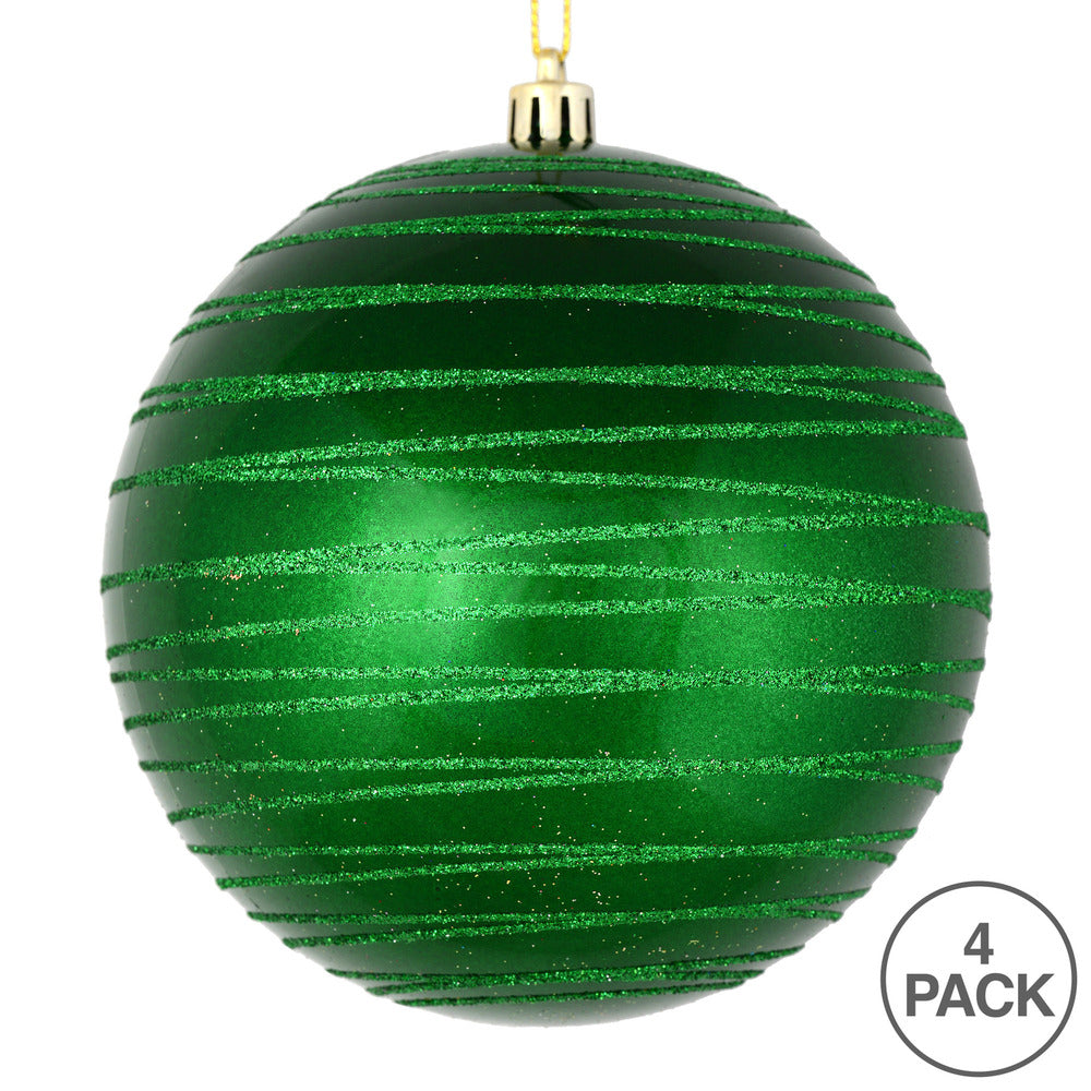 Vickerman 4.75" Green Candy Finish Ball Ornament with Glitter Lines 4 per Bag