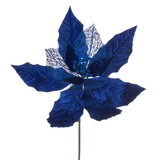 Vickerman 11" Blue Velvet and Glitter Mesh Poinsettia Flower on Stem 6 per bag.