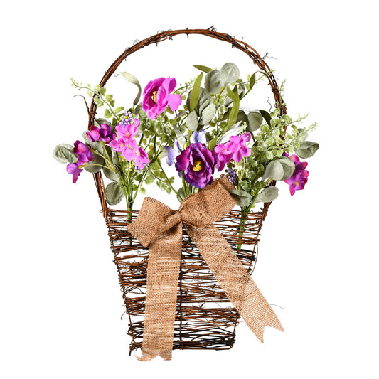Vickerman Artificial Mixed Purple Flower Basket That Features Light And Dark Purple Flowers On Top Of Greenery That Features Eucalyptus.