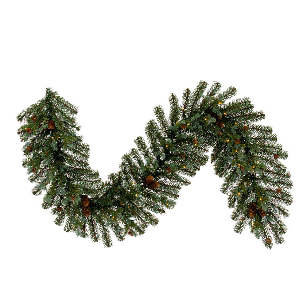 Vickerman 6' x 14" Blue Spruce Pine Cone Artificial Pre-Lit Garland Battery Operated Warm White LED Lights.