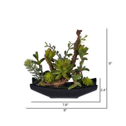 Vickerman 8" Artificial Green Mixed Succulent Ceramic Pot.