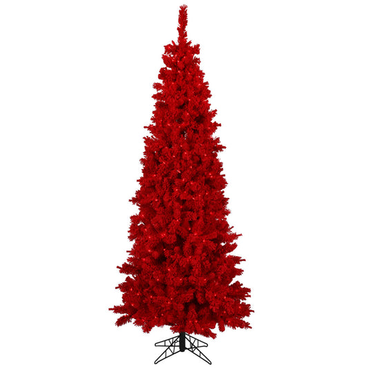 Vickerman 7.5' x 39" Flocked Red Slim Fir Artificial Christmas Tree Red Dura-lit LED Lights