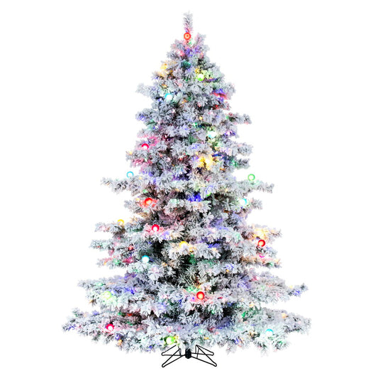 Vickerman 10' x 82" Flocked Alaskan Artificial Pre-Lit Christmas Tree with 91 Multi-Colored G40 and 1200 Multi-Colored LED Mini Lights, 2911 Flocked Realistic PVC Tips, 6' Step On/Off Power Cord and Folding Metal Tree Stand. Assembly is required.