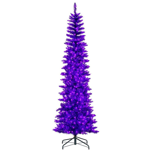 Vickerman 6.5' x 28" Purple Pencil Artificial Pre-Lit Christmas Tree with 400 Dura-Lit® Purple LED Mini Lights. It measures 78 inches tall, and 28 inches wide, which is considered a pencil profile. This tree boasts 712 tips for a realistic look. Pre-lit w