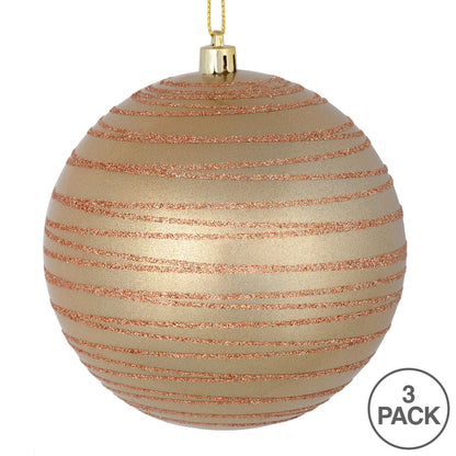 Vickerman 6" Café Latte Candy Finish Ball Ornament with Glitter Lines 3 per Bag