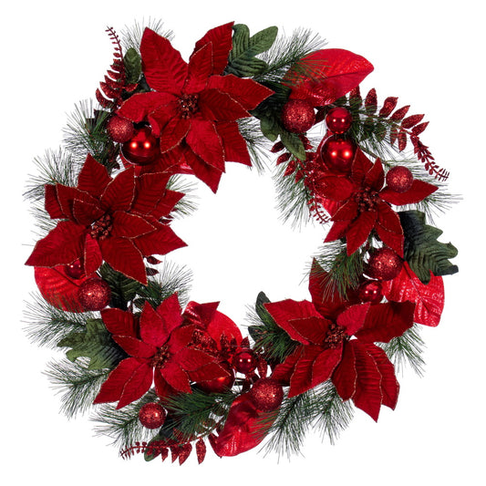 Vickerman 28" Merry Red Poinsettia Ball and Fern Decorated Wreath.