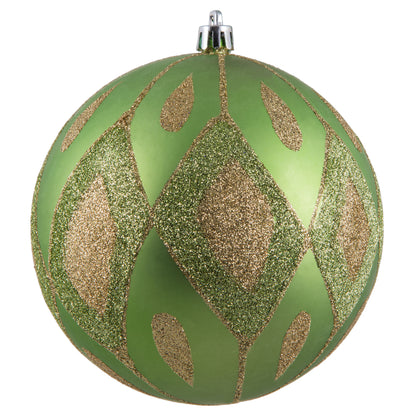 Vickerman 4.75" Celadon Matte Ball with Glitter Diamond Pattern. Add variety and sparkle to your holiday arrangement with this matte ornament that features a glitter pattern. Includes 4 pieces per bag. Made with shatterproof plastic. Ornament has a drille