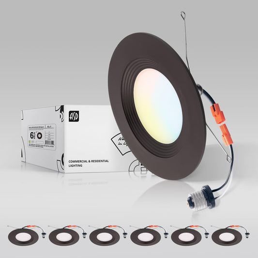 ASD Lighting LED Round Downlight Retrofit Kit 5'' and 6" 12W 120V CCT Selectable 2700/3000/3500/4000/5000K Dimmable PC, Baffle Trim, Oil Rubbed Bronze UL 6pack