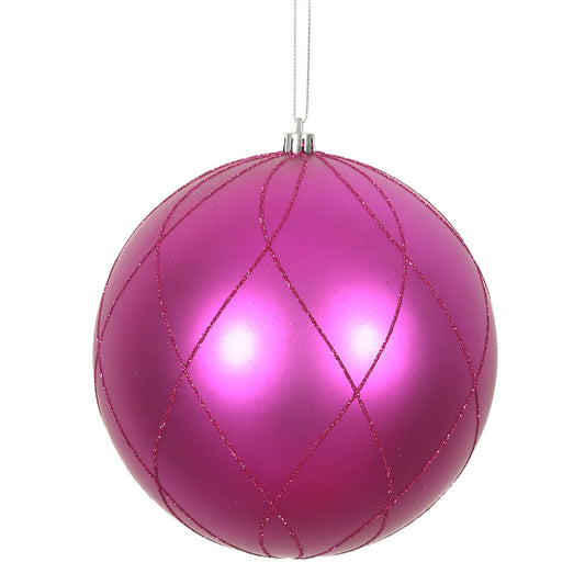 Vickerman 6" Fuchsia Matte and Glitter Swirl Ball Ornament with drilled and wired caps. Comes 3 per Box.