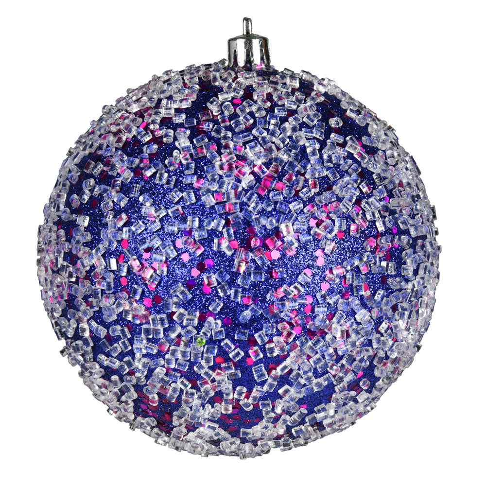 Vickerman 4.75" Cobalt Blue Glitter Hail Ball Drilled Wired 4/Bag. These ornaments feature a drilled cap with looped wire to ensure that decorating is a breeze. They are made with plastic to reduce the likelihood of breaking when dropped. Includes 4 piece