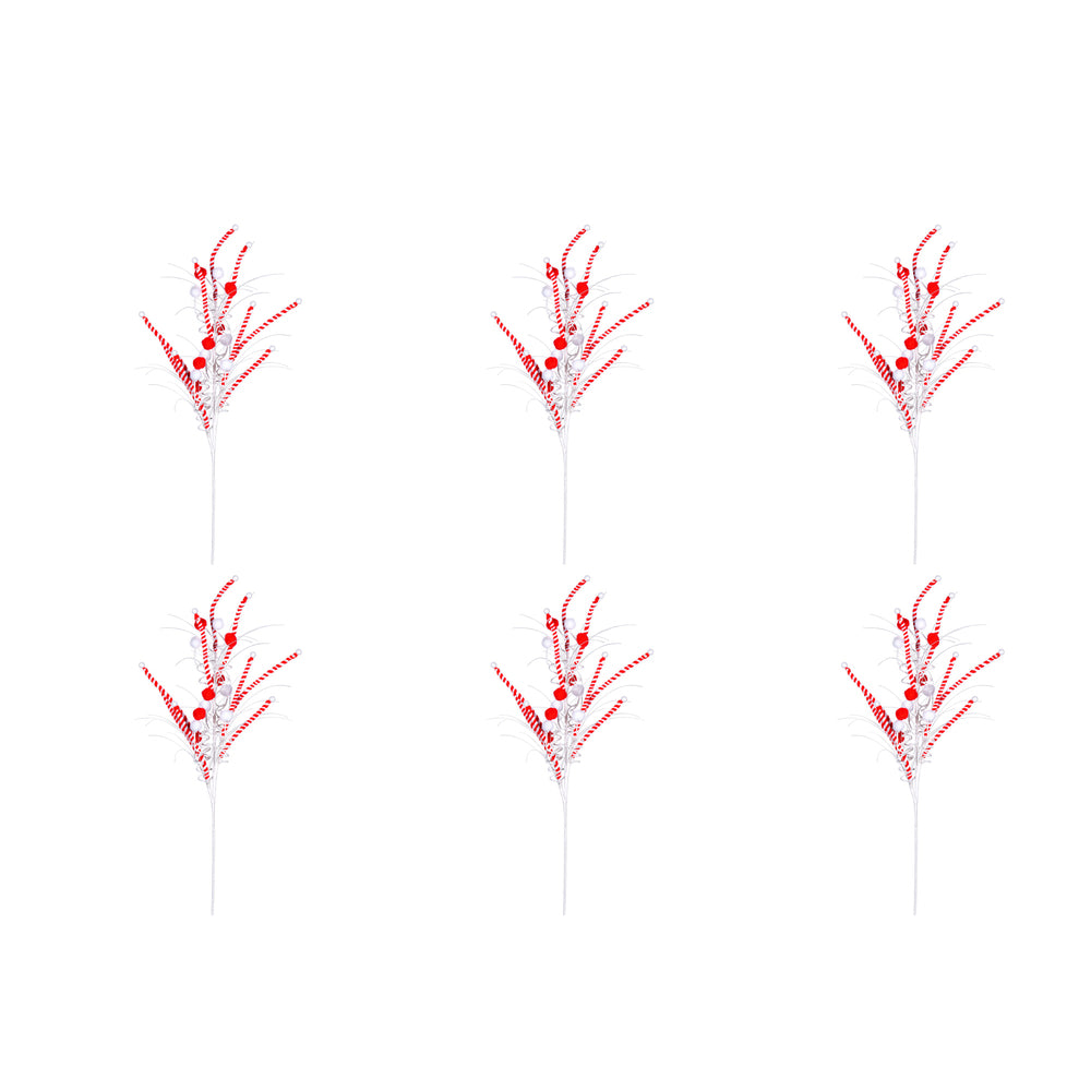 Vickerman Red/White Candy Cane Pom Pom Artificial Christmas Spray. Includes 6 sprays per pack.