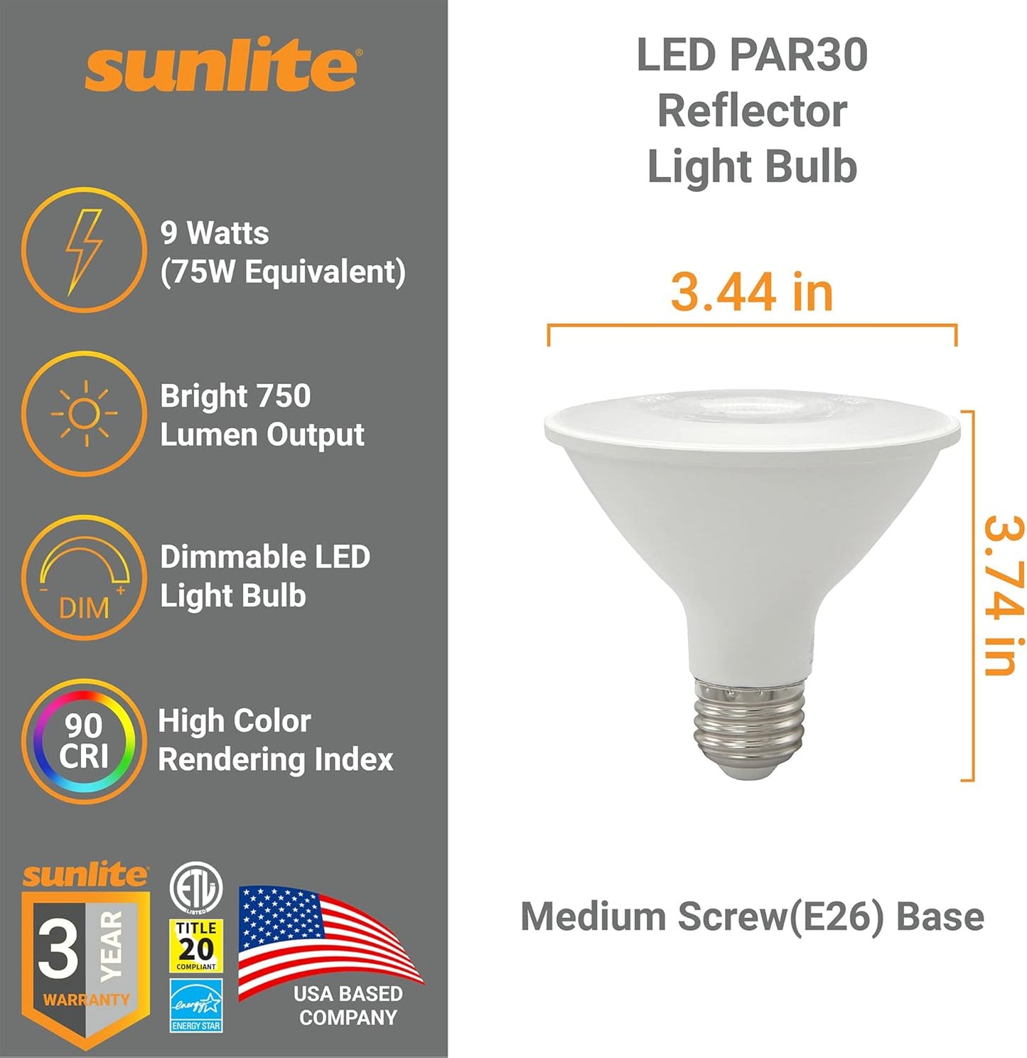 Sunlite 41864 LED PAR30 Reflector Light Bulb, 9 Watts (75W=), 750 Lumens, Medium E26 Base, 90 CRI, Dimmable, Floodlight, Energy Star Certified, ETL Listed, Title-20 Compliant, 24 Pack, 30K-Warm White