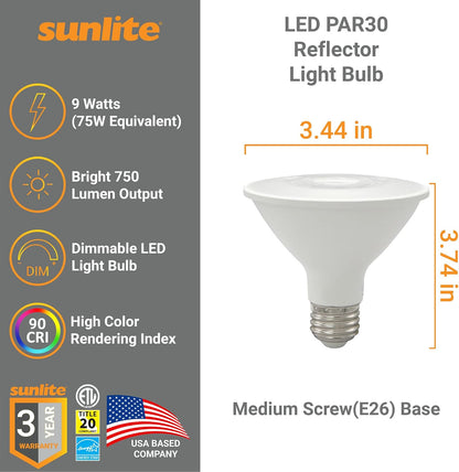 Sunlite 41864 LED PAR30 Reflector Light Bulb, 9 Watts (75W=), 750 Lumens, Medium E26 Base, 90 CRI, Dimmable, Floodlight, Energy Star Certified, ETL Listed, Title-20 Compliant, 24 Pack, 30K-Warm White