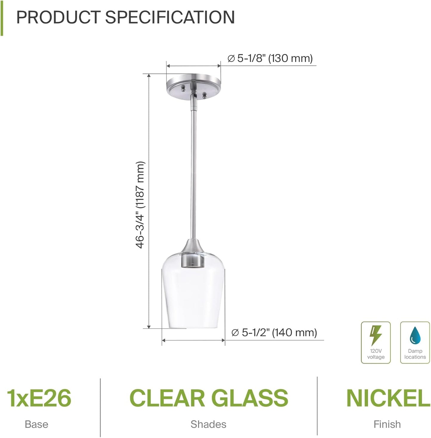 ASD Lighting Mini-Pendant with rod 1xE26 60W 120V Clear Glass, Nickel ETL