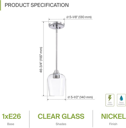 ASD Lighting Mini-Pendant with rod 1xE26 60W 120V Clear Glass, Nickel ETL