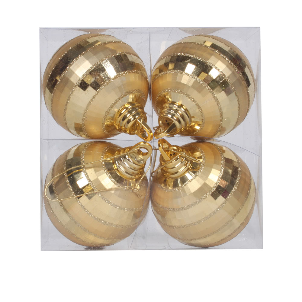 Vickerman 4" Gold Shiny and Matte Mirror Ball Christmas Ornament with Glitter Accents 4 per Box