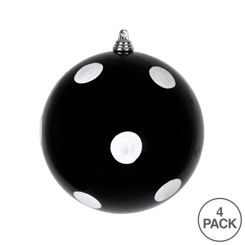 Vickerman 4.75" Black Candy FInish Ball Ornament with White Glitter Dots 4 per Bag