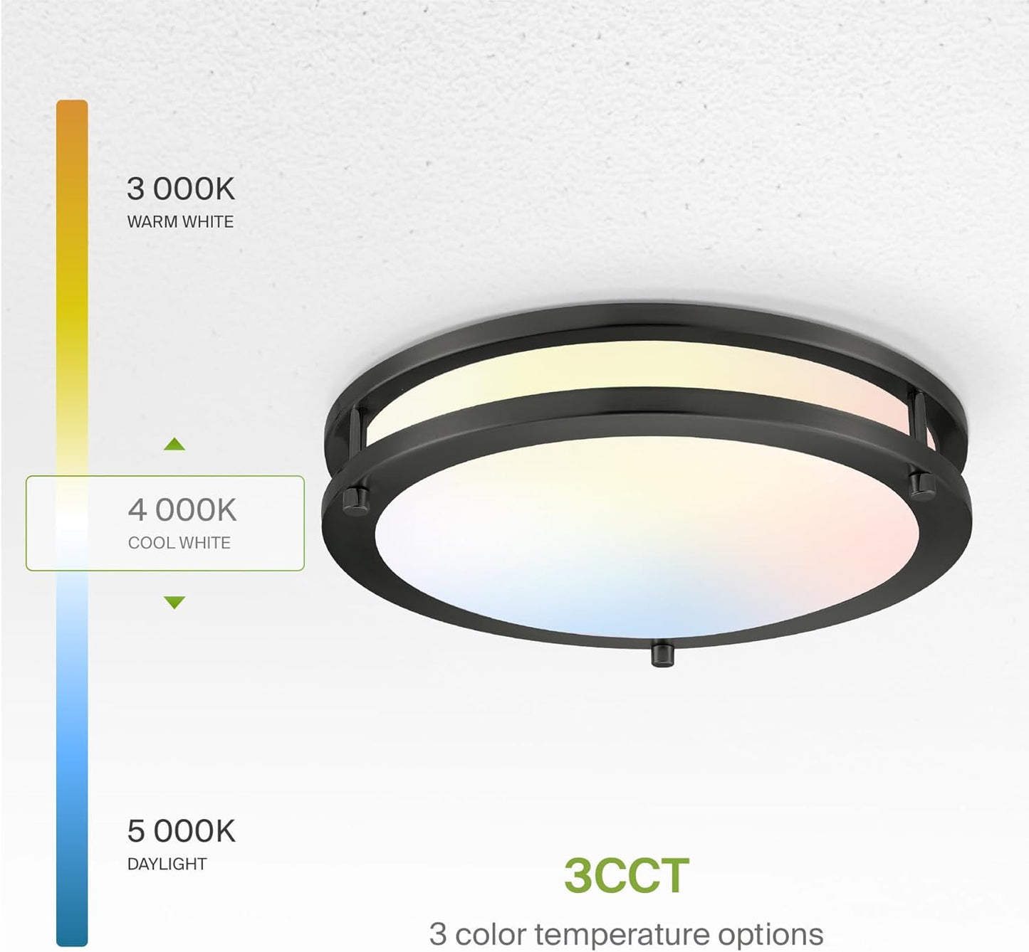ASD LED Double Ring Flushmount 12" 20W 120V CCT Selectable 3000/4000/5000K Dimmable Black ETL Energy Star