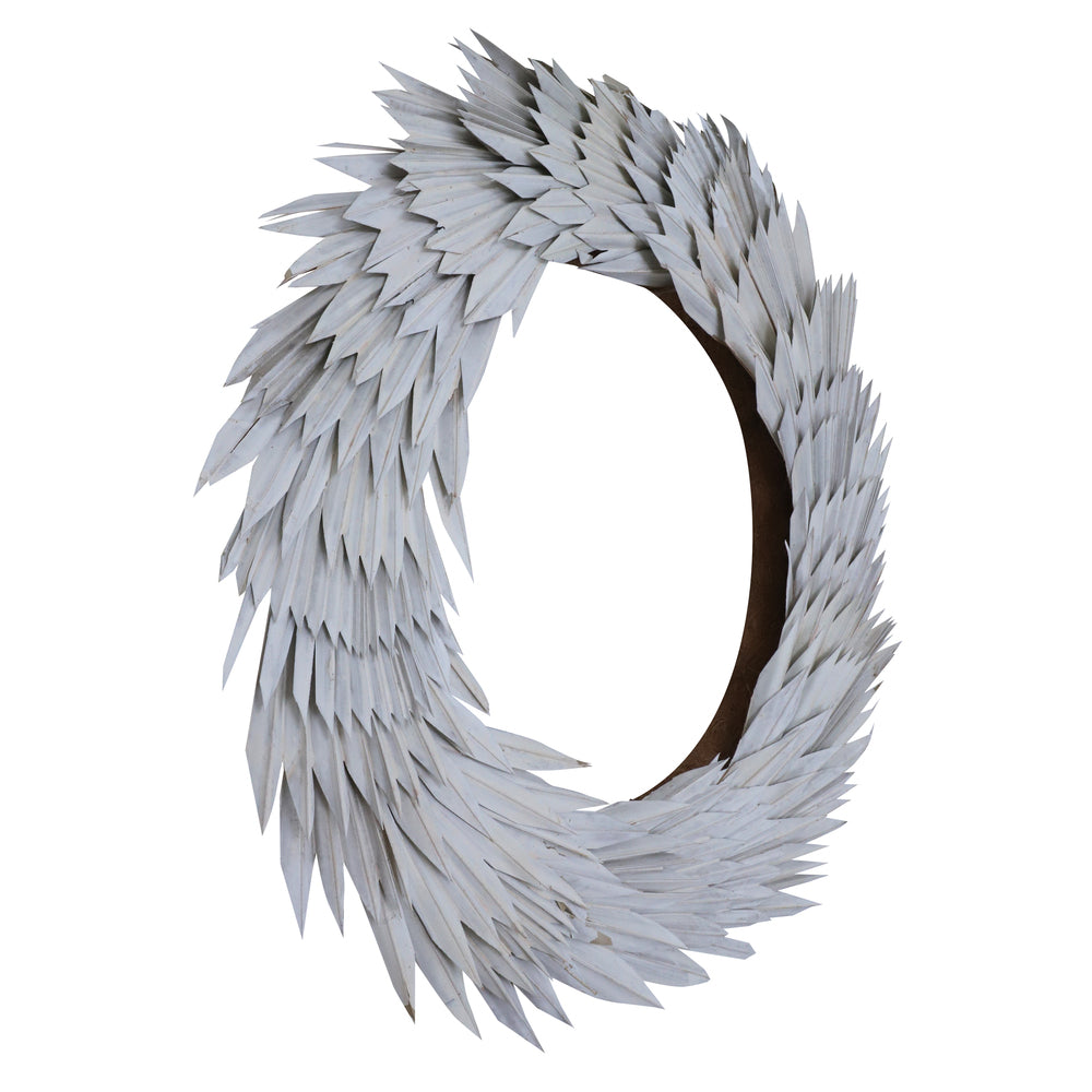 Vickerman Natural Botanicals 24" White Washed Palm Sun Wreath. This wreath measures 24 inches in diameter. It features white washed palm sun leaves on a coco fiber base. This is a dried and preserved natural product.