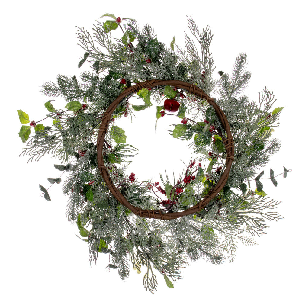 Vickerman 24" Green Artificial Holly Pine and Red Jingle Bell Wreath.