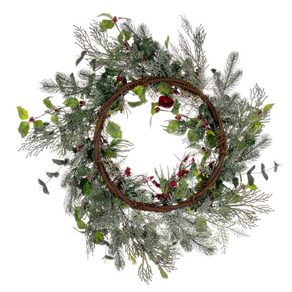 Vickerman 24" Green Artificial Holly Pine and Red Jingle Bell Wreath.