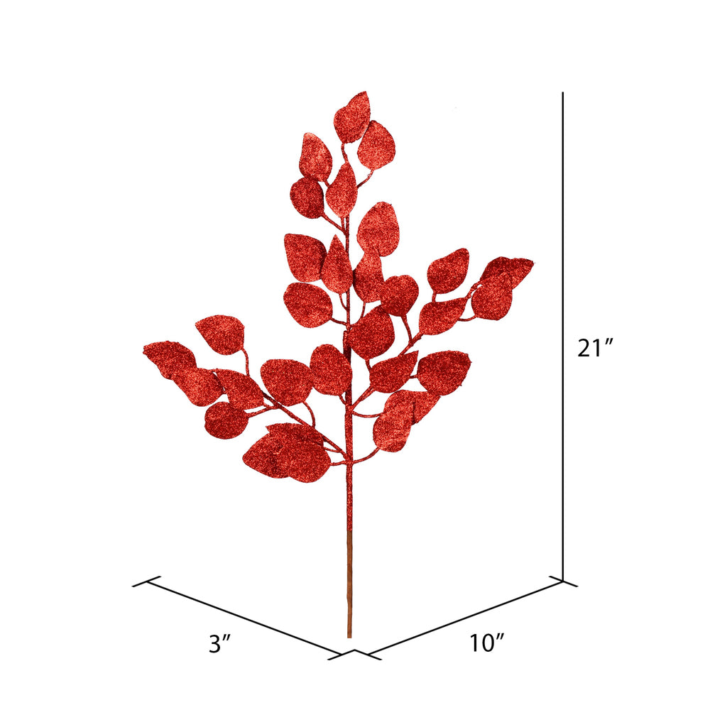 Vickerman 21" Red Glitter Ash Leaf Artificial Christmas Spray. Includes 12 sprays per pack.