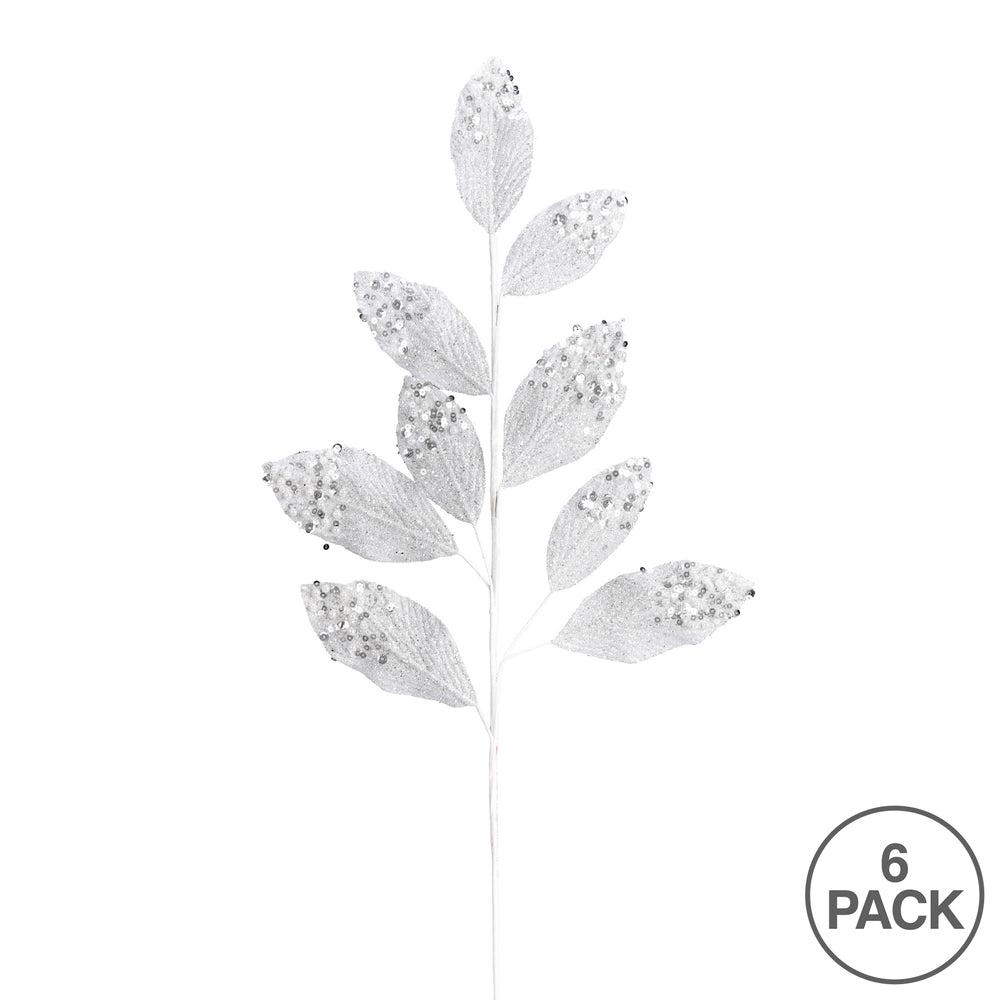 Vickerman 29" White Glitter Leaf Artificial Christmas Spray. Includes 6 sprays per pack.