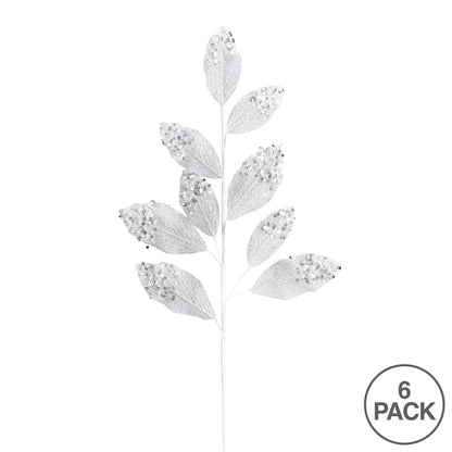 Vickerman 29" White Glitter Leaf Artificial Christmas Spray. Includes 6 sprays per pack.