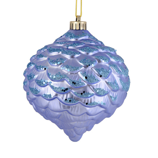 Vickerman 6" Periwinkle Glitter Ornament. This ornament features a matte embossed top with glitter accents and a shiny bottom. The variety of finishes on this ornament creates elegance that will complement any holiday decorating project. Includes 6 pieces