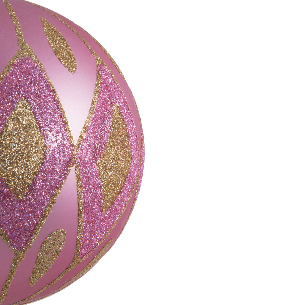 Vickerman 4.75" Pink Matte Ball with Glitter Diamond Pattern. Add variety and sparkle to your holiday arrangement with this matte ornament that features a glitter pattern. Includes 4 pieces per bag. Made with shatterproof plastic. Ornament has a drilled c