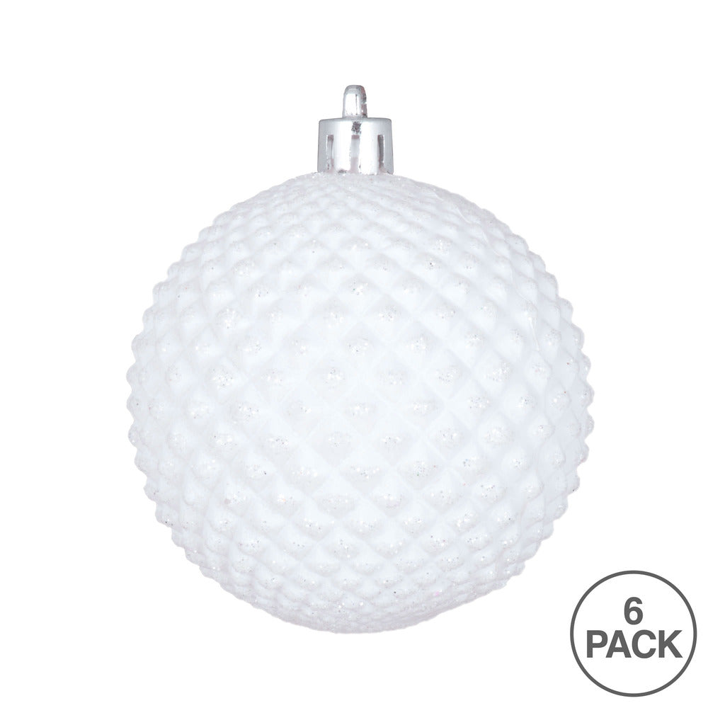 Vickerman 4" White Durian Glitter Ball Ornament 6 per Bag