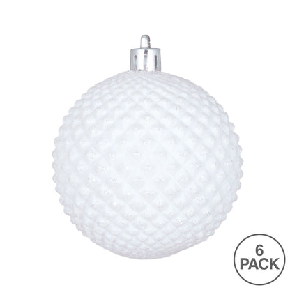Vickerman 4" White Durian Glitter Ball Ornament 6 per Bag