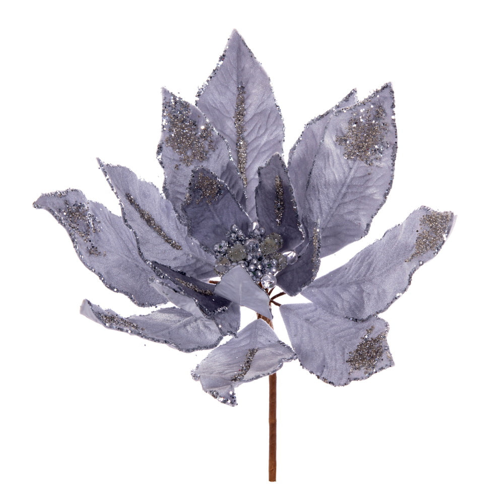 Vickerman 14" Artificial Silver Double Sided Velvet Poinsettia Christmas Pick